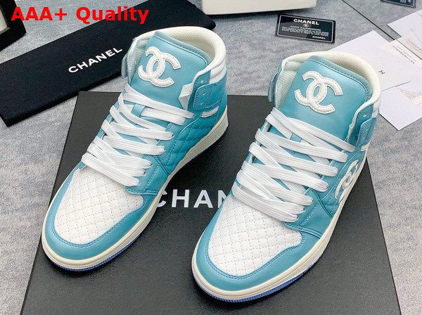 Chanel High Top Sneaker in Sky Blue and White Calfskin Replica