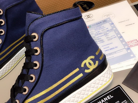 Chanel High Top Sneakers Fabric and Lambskin Navy Blue and Black G34222