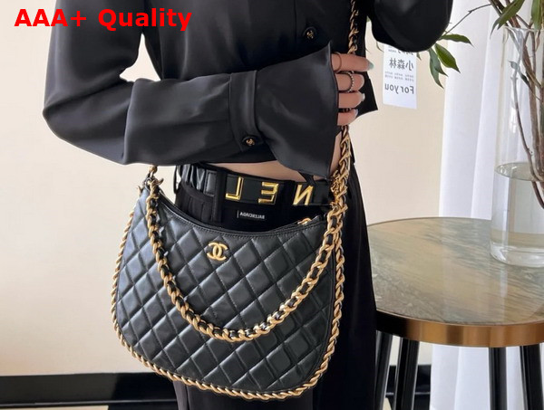 Chanel Hobo Handbag Black Shiny Crumpled Lambskin Gold Tone Metal As4378 Replica