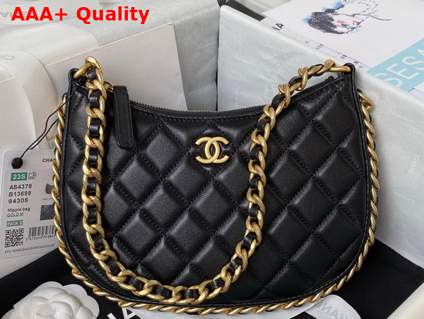 Chanel Hobo Handbag Black Shiny Crumpled Lambskin Gold Tone Metal As4378 Replica