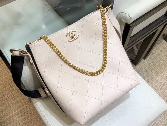 Chanel Hobo Handbag Calfskin Grosgrain Gold Tone Metal Beige A57573