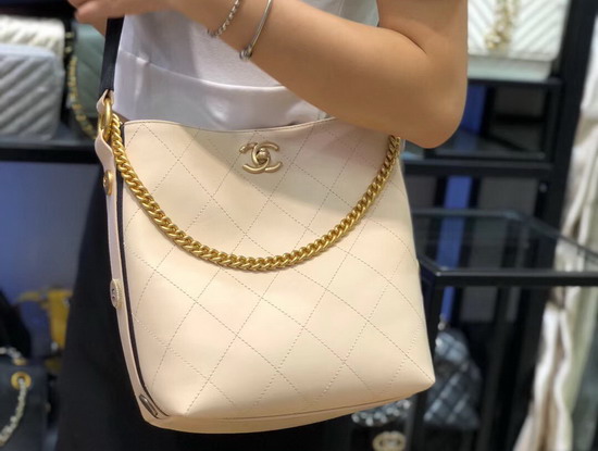 Chanel Hobo Handbag Calfskin Grosgrain Gold Tone Metal Beige A57573