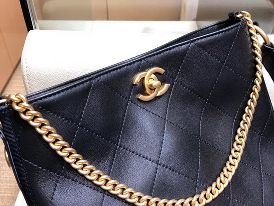 Chanel Hobo Handbag Calfskin Grosgrain Gold Tone Metal Black A57573