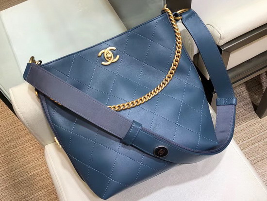 Chanel Hobo Handbag Calfskin Grosgrain Gold Tone Metal Blue A57573