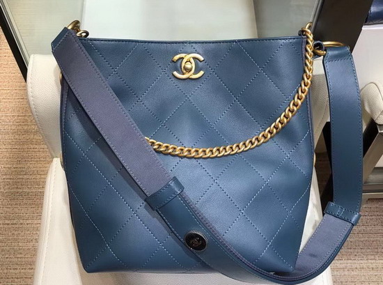 Chanel Hobo Handbag Calfskin Grosgrain Gold Tone Metal Blue A57573