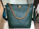 Chanel Hobo Handbag Calfskin Grosgrain Gold Tone Metal Dark Green A57573