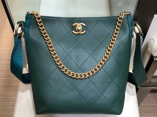 Chanel Hobo Handbag Calfskin Grosgrain Gold Tone Metal Dark Green A57573