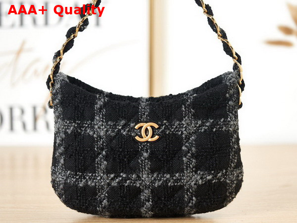 Chanel Hobo Handbag Cashmere Tweed Black and Grey Check Detail AS3562 Replica