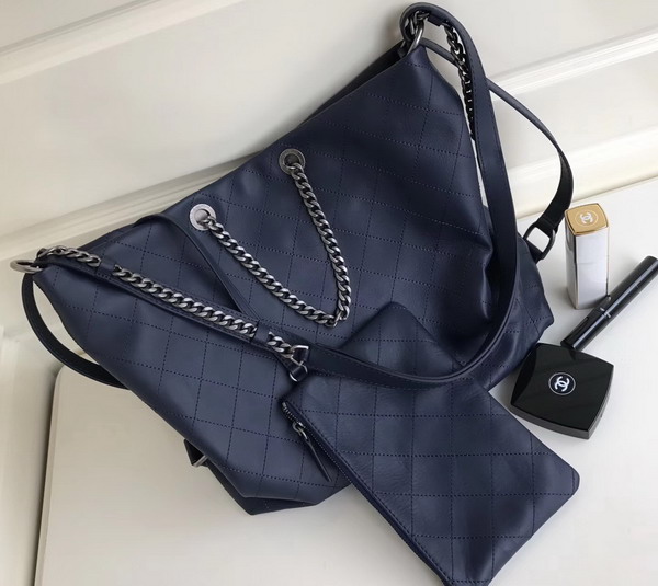 Chanel Hobo Handbag Navy Blue Calfskin Ruthenium Tone Metal For Sale