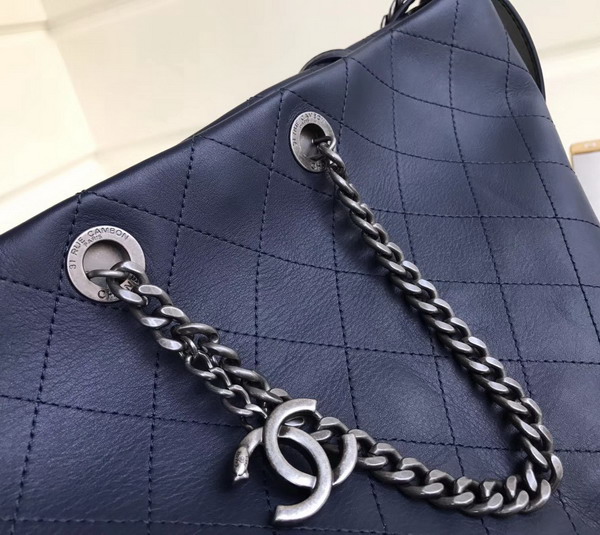 Chanel Hobo Handbag Navy Blue Calfskin Ruthenium Tone Metal For Sale