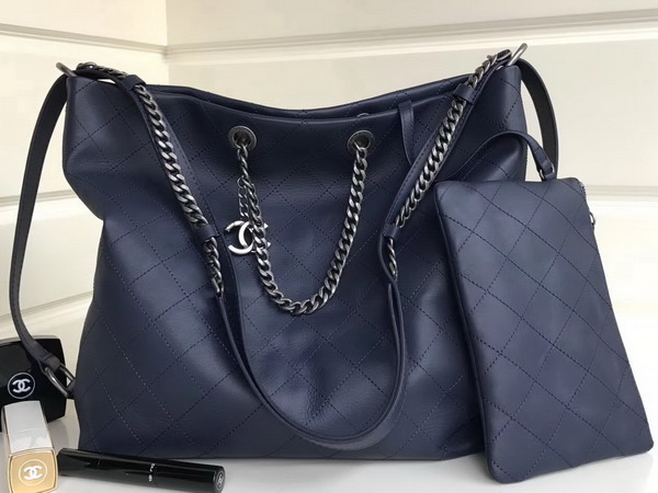 Chanel Hobo Handbag Navy Blue Calfskin Ruthenium Tone Metal For Sale