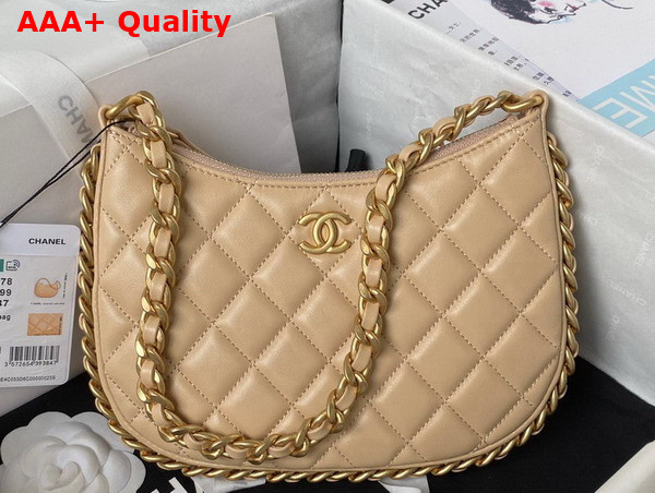 Chanel Hobo Handbag in Beige Shiny Crumpled Lambskin Gold Tone Metal As4378 Replica