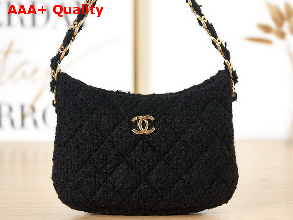 Chanel Hobo Handbag in Black Cashmere Tweed Gold Tone Metal AS3562 Replica