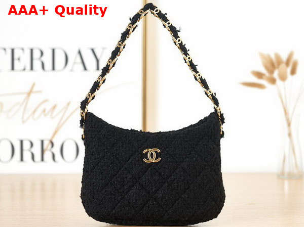 Chanel Hobo Handbag in Black Cashmere Tweed Gold Tone Metal AS3562 Replica