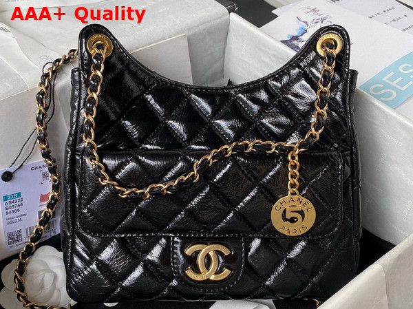 Chanel Hobo Handbag in Black Shiny Crumpled Calfskin Gold Tone Metal AS4322 Replica