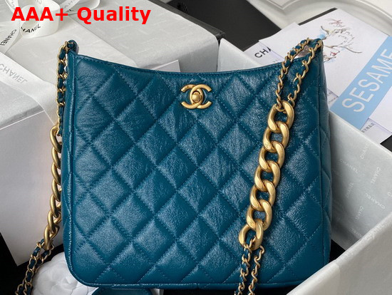 Chanel Hobo Handbag in Blue Lambskin Gold Tone Metal Ref AS3112 Replica