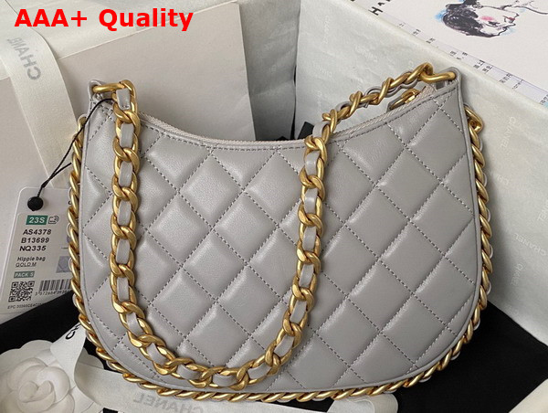 Chanel Hobo Handbag in Grey Shiny Crumpled Lambskin Gold Tone Metal As4378 Replica