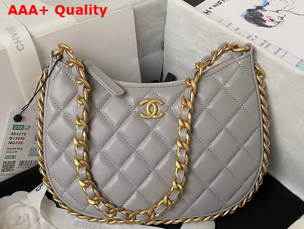 Chanel Hobo Handbag in Grey Shiny Crumpled Lambskin Gold Tone Metal As4378 Replica