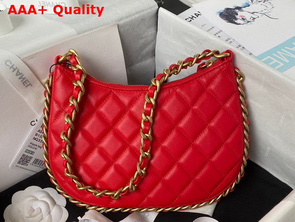 Chanel Hobo Handbag in Red Shiny Crumpled Lambskin Gold Tone Metal As4378 Replica