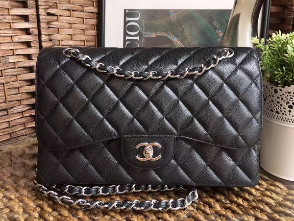 Chanel Jumbo Caviar Flap Bag in Black with Silver Metal For Sale