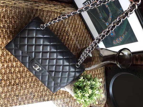 Chanel Jumbo Caviar Flap Bag in Black with Silver Metal For Sale