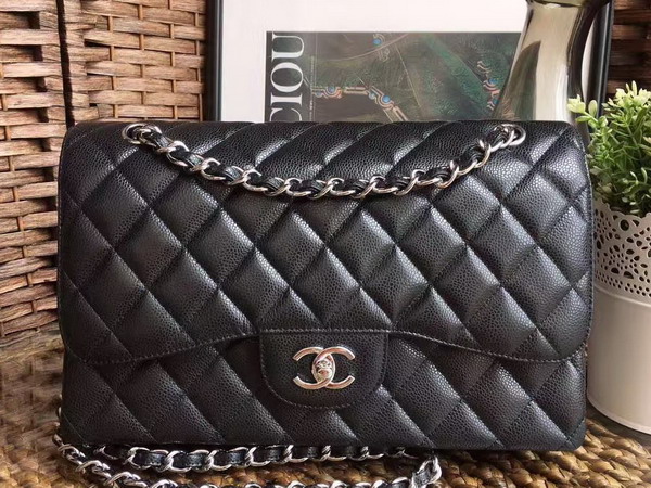 Chanel Jumbo Caviar Flap Bag in Black with Silver Metal For Sale