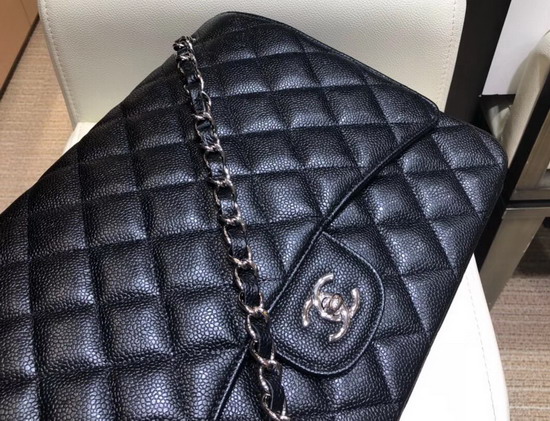 Chanel King Size Flap Bag in Black Grained Calfskin and Silver Tone Metal A58601