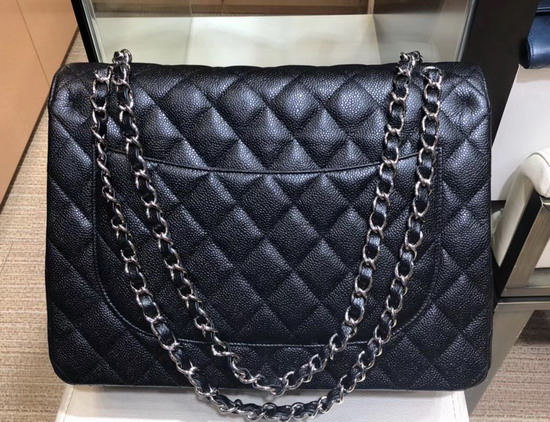 Chanel King Size Flap Bag in Black Grained Calfskin and Silver Tone Metal A58601