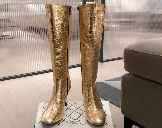 Chanel Knee Boots in Gold Crocodile Embossed Calfskin Replica