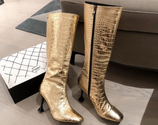 Chanel Knee Boots in Gold Crocodile Embossed Calfskin Replica