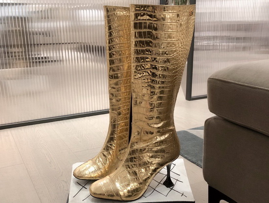 Chanel Knee Boots in Gold Crocodile Embossed Calfskin Replica