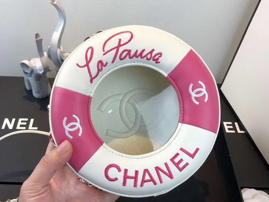 Chanel La Pause Small Round Bag Pink and White Lambskin