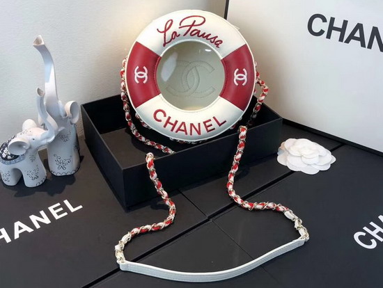 Chanel La Pause Small Round Bag Red and White Lambskin