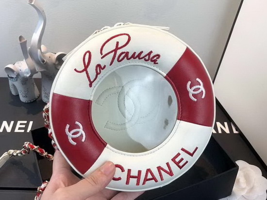 Chanel La Pause Small Round Bag Red and White Lambskin