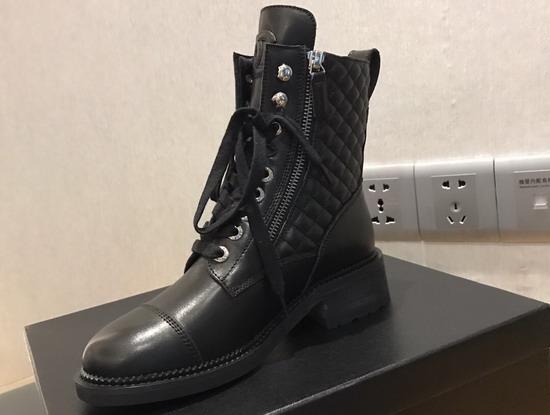 Chanel Lace Up Ankle Boot in Black Calfskin and Quilted Lambskin