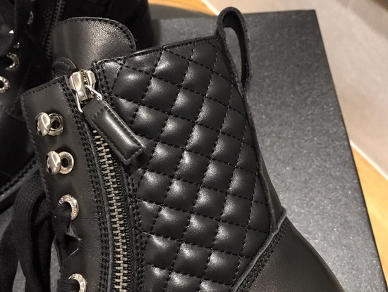 Chanel Lace Up Ankle Boot in Black Calfskin and Quilted Lambskin