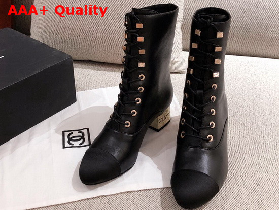 Chanel Lace Up Ankle Boot in Black Calfskin and Velvet Replica