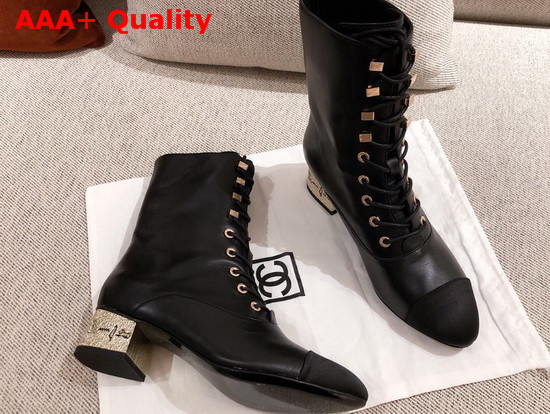 Chanel Lace Up Ankle Boot in Black Calfskin and Velvet Replica