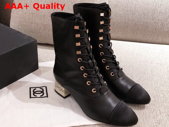 Chanel Lace Up Ankle Boot in Black Calfskin and Velvet Replica