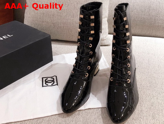 Chanel Lace Up Ankle Boot in Black Shiny Crocodile Embossed Calfskin Replica