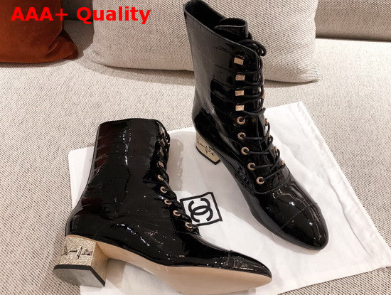 Chanel Lace Up Ankle Boot in Black Shiny Crocodile Embossed Calfskin Replica