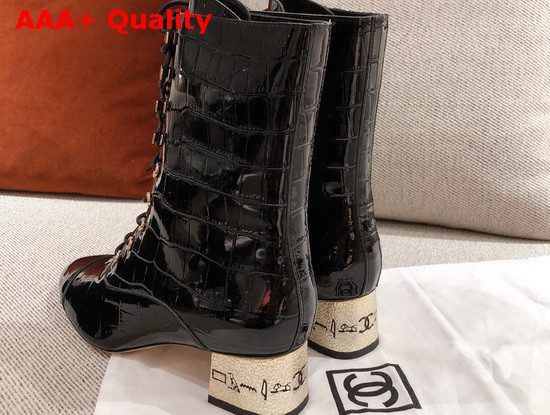 Chanel Lace Up Ankle Boot in Black Shiny Crocodile Embossed Calfskin Replica