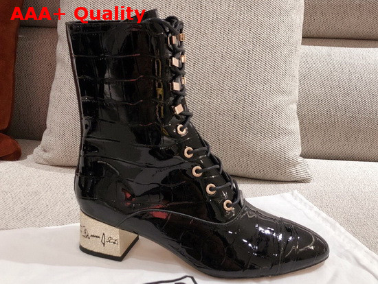 Chanel Lace Up Ankle Boot in Black Shiny Crocodile Embossed Calfskin Replica