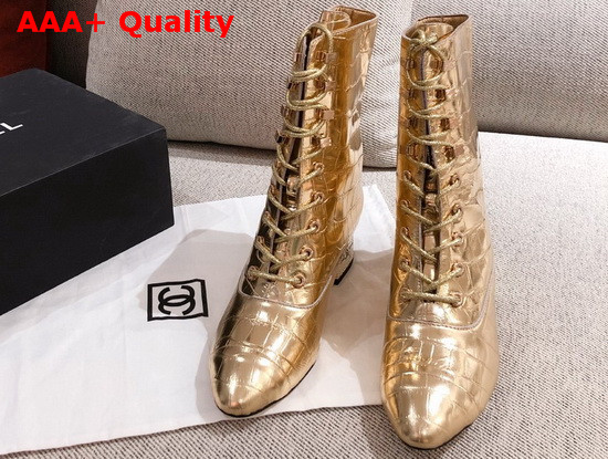 Chanel Lace Up Ankle Boot in Gold Crocodile Embossed Calfskin Replica