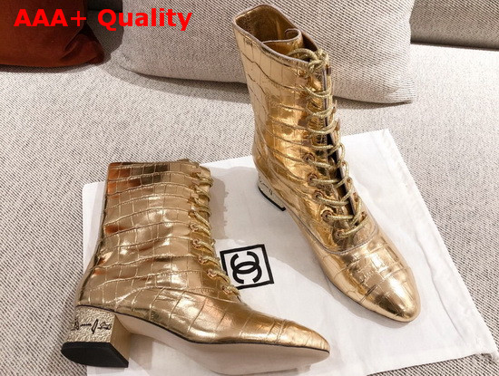 Chanel Lace Up Ankle Boot in Gold Crocodile Embossed Calfskin Replica