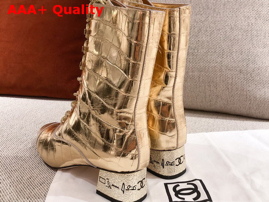 Chanel Lace Up Ankle Boot in Gold Crocodile Embossed Calfskin Replica