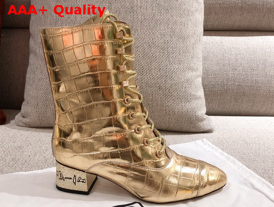 Chanel Lace Up Ankle Boot in Gold Crocodile Embossed Calfskin Replica