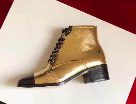 Chanel Lace Up Ankle Boot in Gold and Black Calfskin