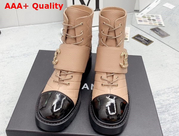 Chanel Lace Up Ankle Boots Beige Grained Calfskin and Black Patent Leather Replica