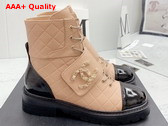 Chanel Lace Up Ankle Boots Beige Grained Calfskin and Black Patent Leather Replica